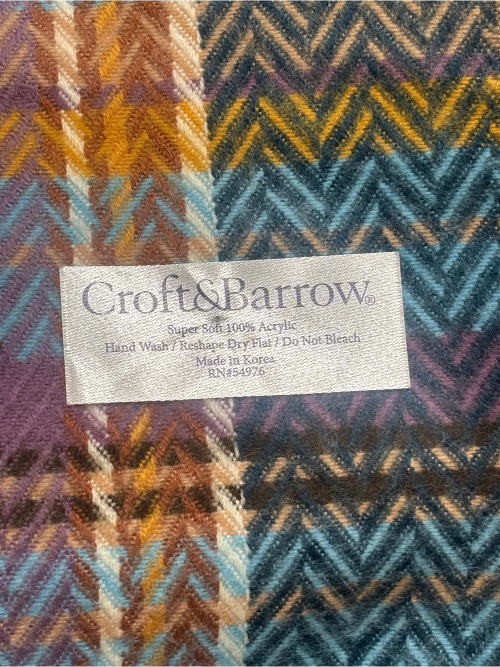 croft & barrow teal, light blue, mustard, purple plaid fringe scarf